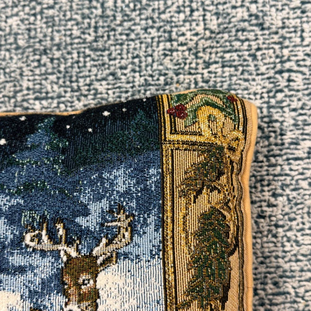 Riverdale Woven Tapestry Winter Forest Deer Rabbit Accent Pillow Made in USA